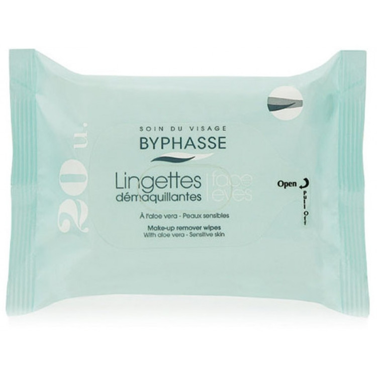 Byphasse Aloe Vera Make-up Remover Wipes Sensitive Skin-Салфетки для снятия макияжа, 20шт 